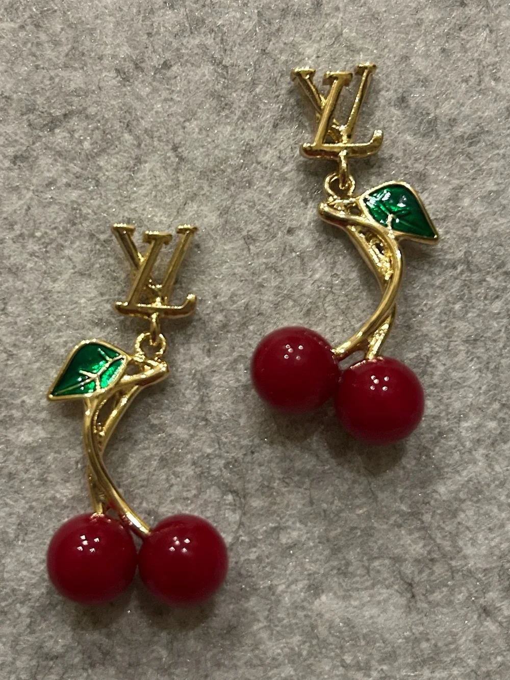 MUST HAVE…Gold-Tone Lettered Cherry Drop Earrings with Red Beads and Green Leaf - Picture 4 of 9